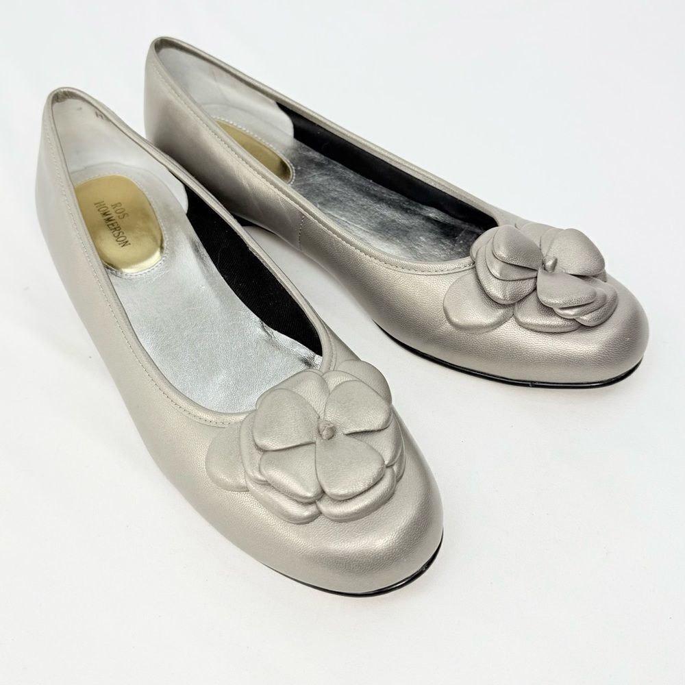 Ros Hommerson Silvery Taupe Metallic Leather Flower Appliqué Toe Ballet Flats